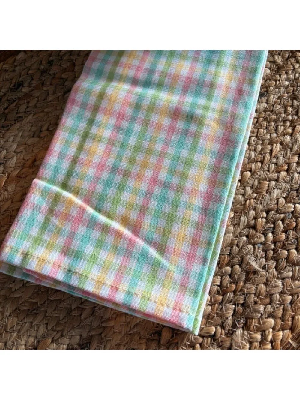New Set of 4 Spring Easter Kitchen Towels Teal Aqua Plaid Bunny Rabbit Embroider